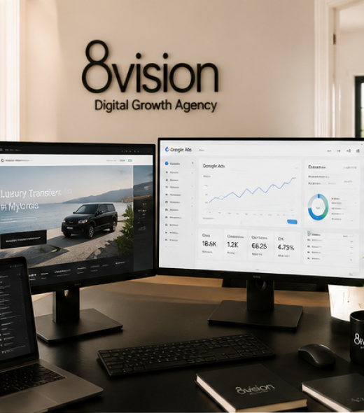 Ομάδα της 8vision με website και Google Ads dashboard για digital growth